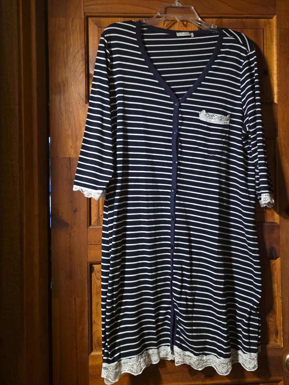 Ekouaer Sz LG, Striped Navy & White Lace-Trim PJ Cover Up With Button Front